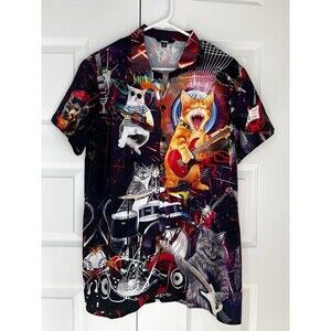 Ouku Men's Hawaiian Shirt Funny Cat Rock’n Roll Print Button Up Casual Top NWT M